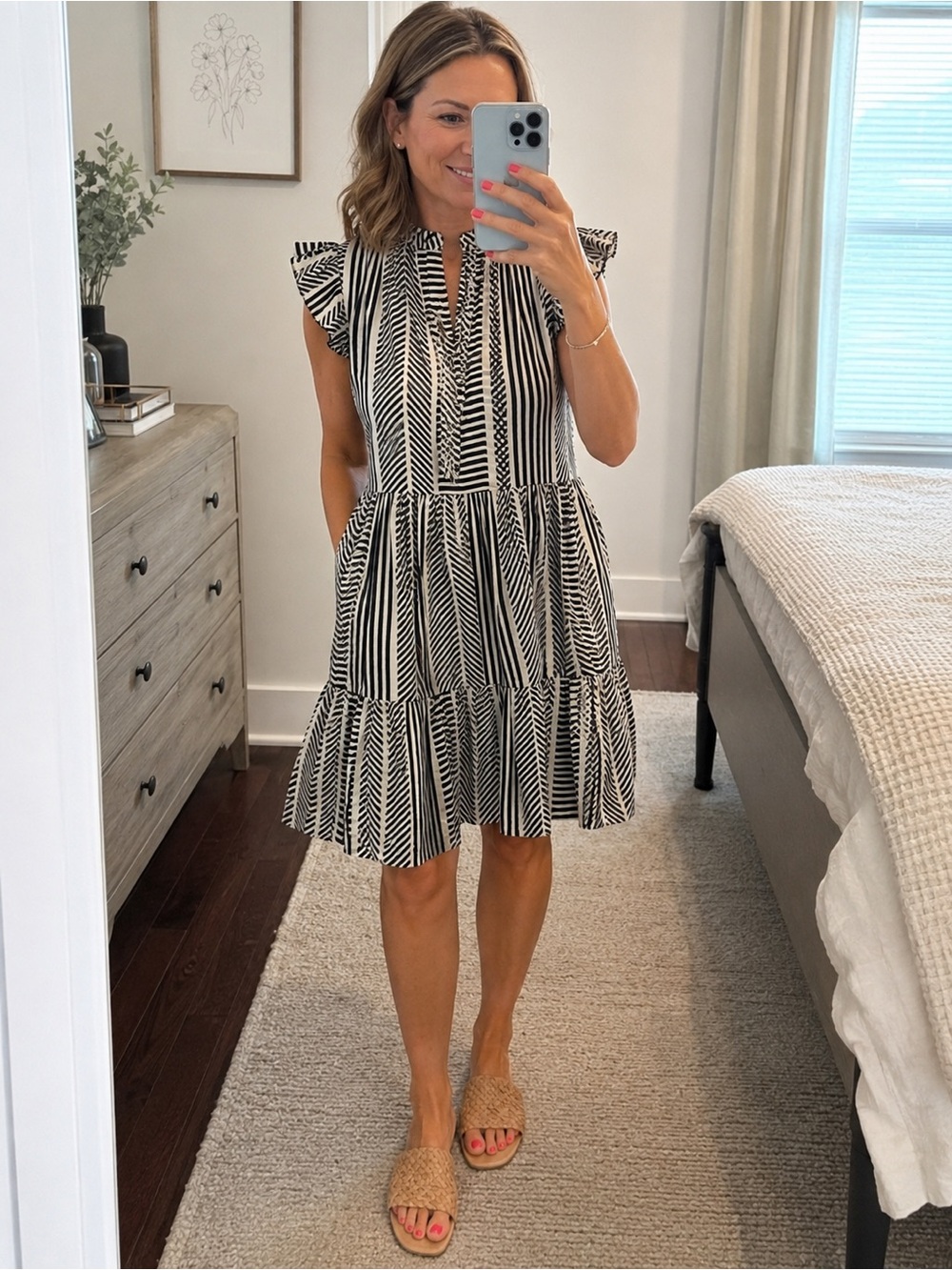 Time and Tru Black and White Striped Flutter Sleeve Tiered Mini Dress